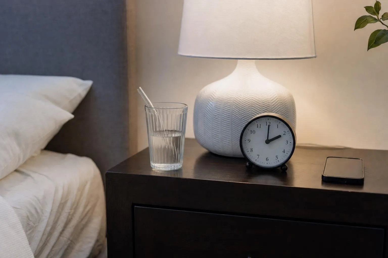 Bedside water glass and reading lamp in a calm home bedroom at night