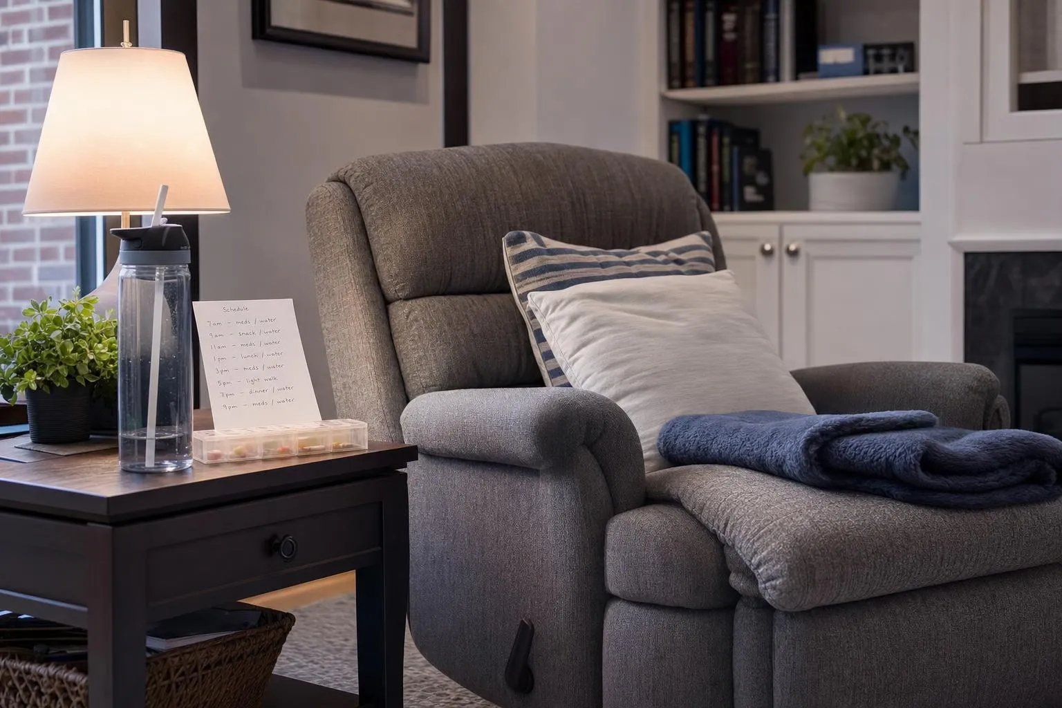 Recliner prepared with pillows and a blanket in a tidy living room, lamp on, evening