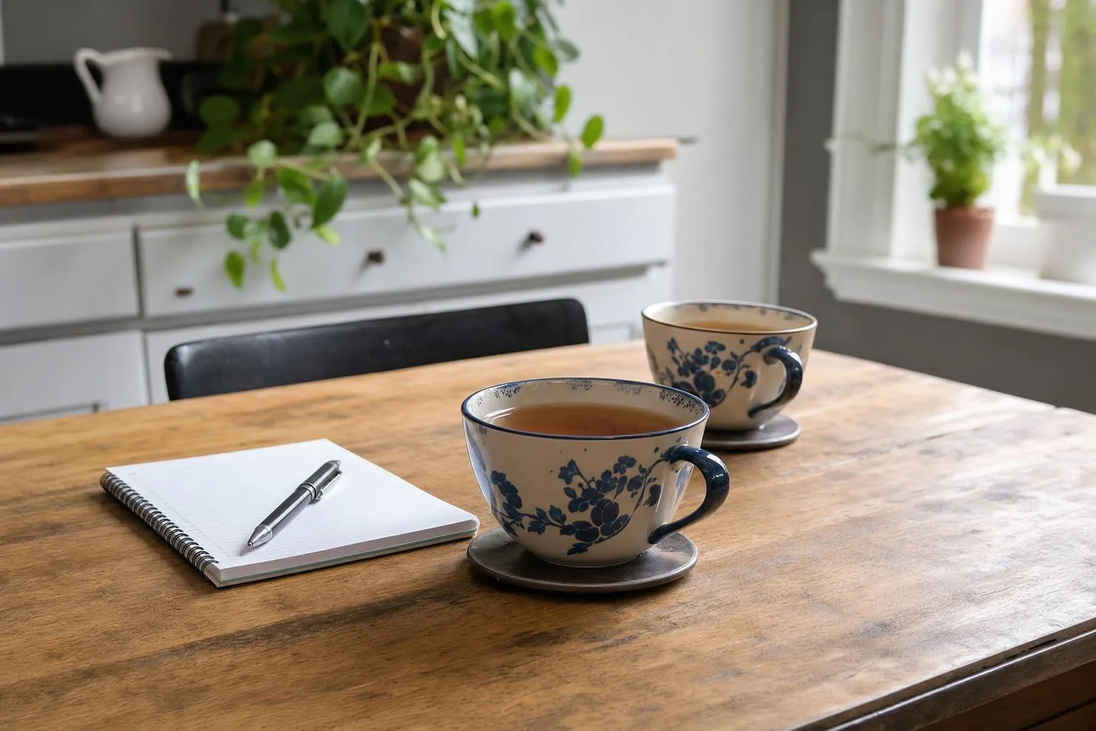 Two cups of tea on a kitchen table in a bright, calm home