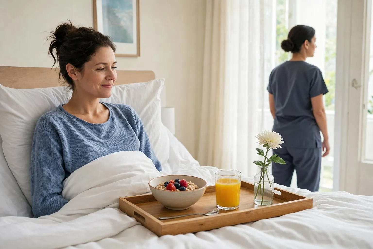 A woman sitting up in bed with a breakfast tray while her nurse looks out the window