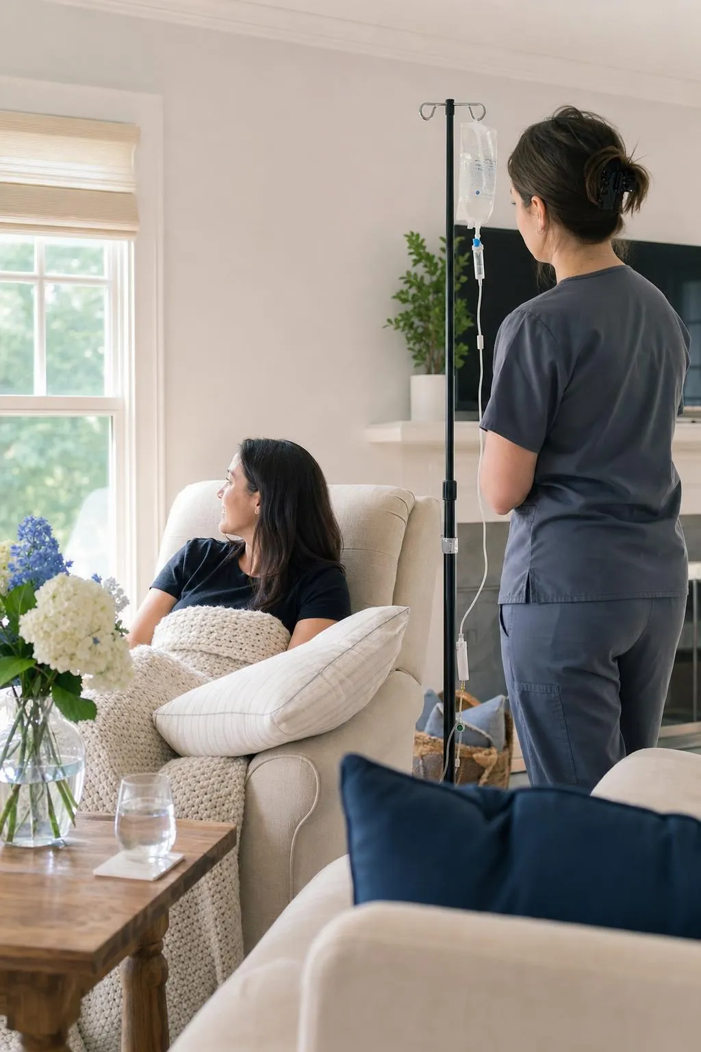 A nurse checking a patient's IV drip while she rests in an armchair at home