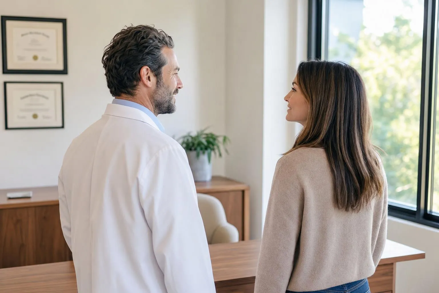 A physician and patient talking in a bright consultation room
