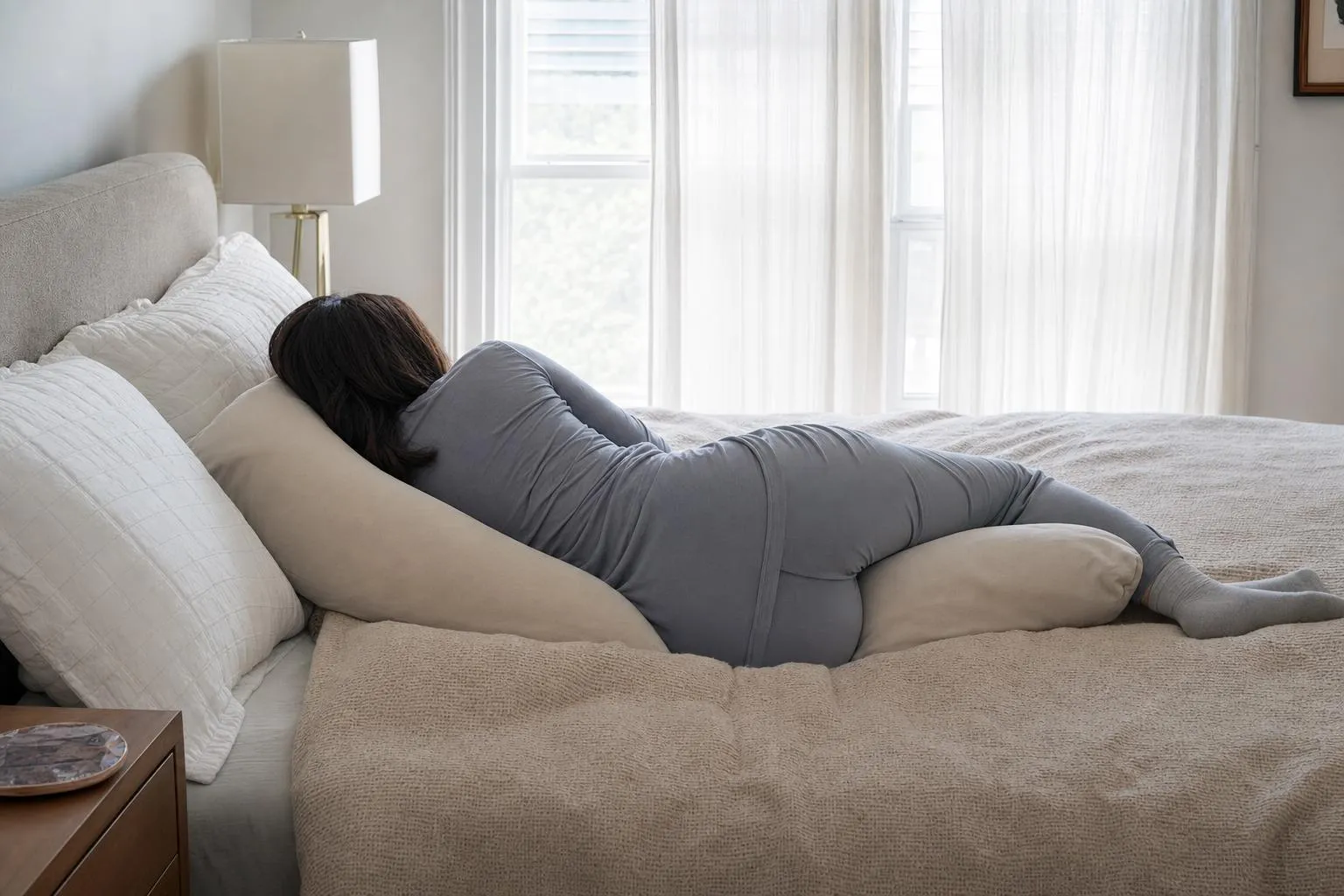 Person resting on their side on a bed with a supportive recovery pillow arrangement in a calm bedroom