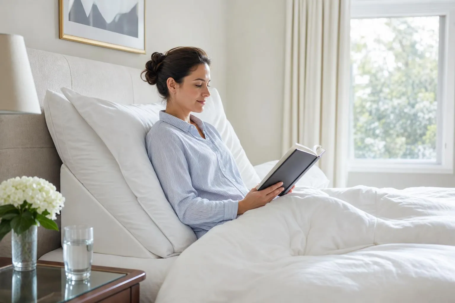 Woman resting upright against pillows in bed in a robe while a nurse hands her a glass of water