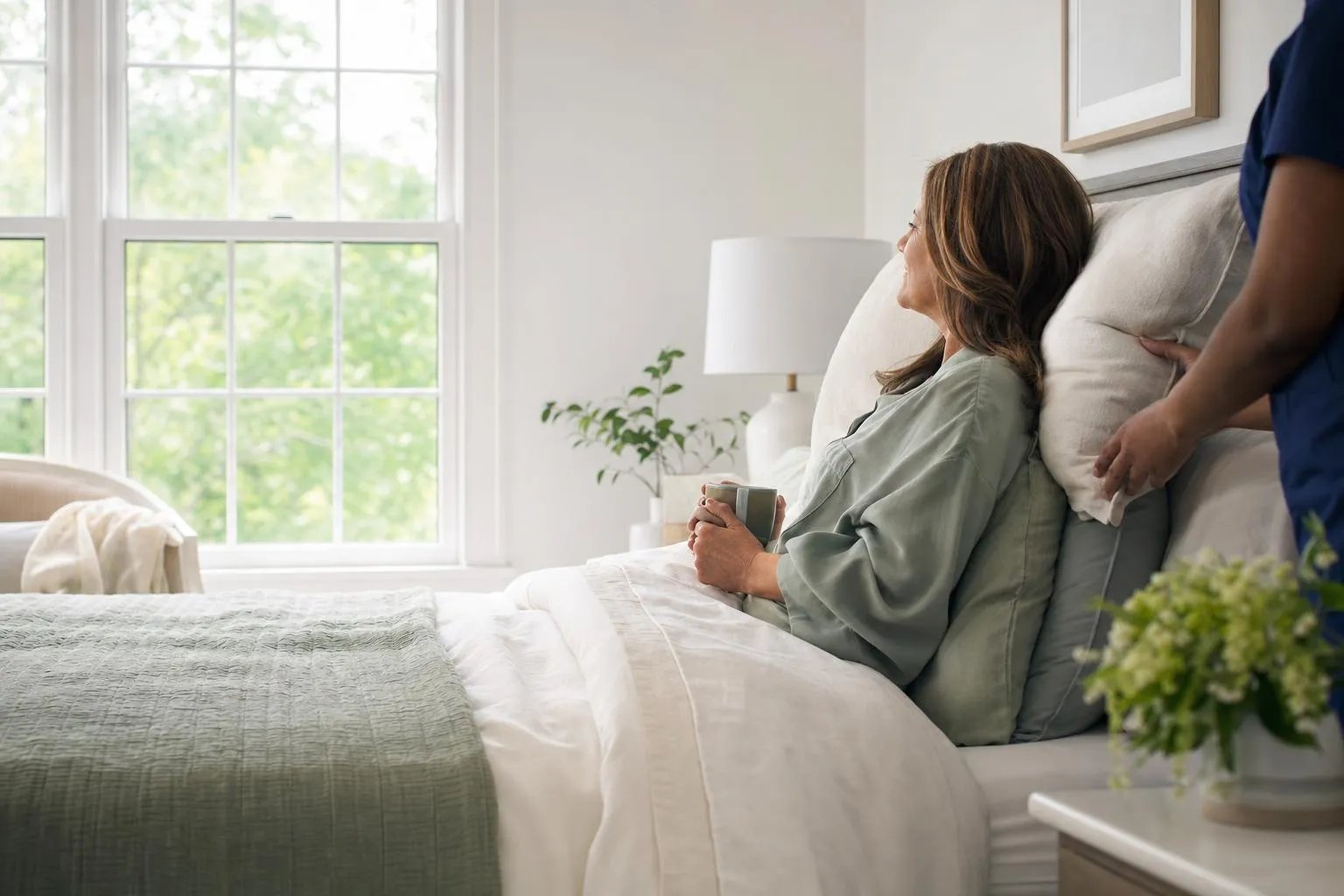 Elegant bedroom scene with a person resting against elevated pillows, a nurse's hand adjusting the arrangement