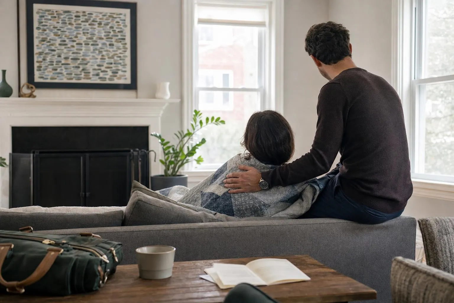 Person resting comfortably at home with a partner nearby in a caring gesture, calm neutral light