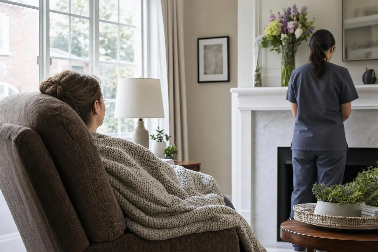 Patient resting in a reclined position at home with a blanket while a nurse adjusts a support pillow