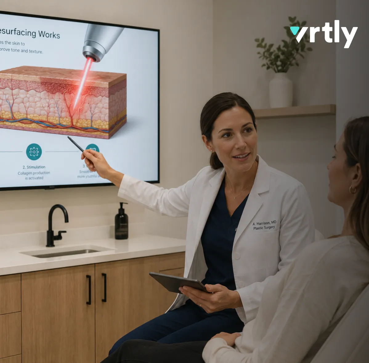 A physician walking a patient through Vrtly laser-resurfacing content on an exam-room screen