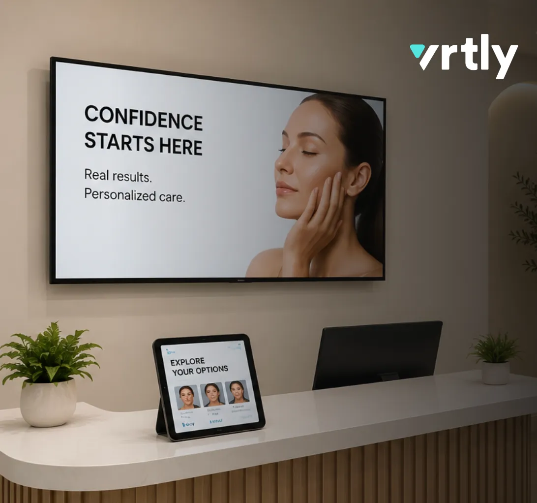 A med-spa reception desk with Vrtly signage on the lobby TV and a patient tablet on the counter