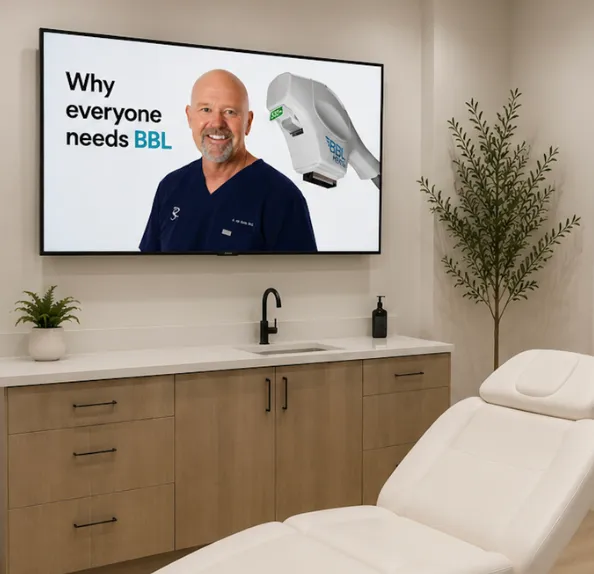 A treatment room TV playing Vrtly patient-education content about BBL